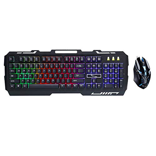 Lanker Pack de Teclado y Ratón para Gamers, con RGB LED Retroiluminado, Panel Metálico, Soporte para Teléfono Celular y 4 dpi Ajustables para Computadora Portátil De Escritorio (Negro)