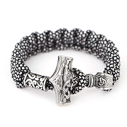 LONG-D Pulsera Thor Martillo Pulsera Norse Mitología Runas Amuleto Joyería,Plata,23CM