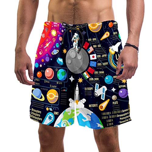 LORVIES Space 3D Galaxy Horizons Universe Infographic Planets Pluto Venus Mars Júpiter Comet Skyrocket Astronaut Sistema Solar Playa Board Shorts de secado rápido, L multicolor XL