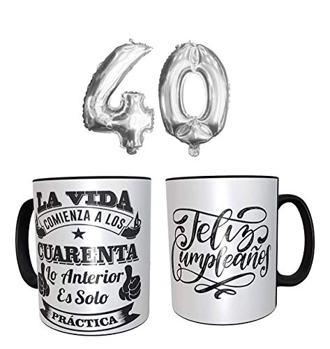 Los Eventos de la Tata. Pack de Taza para regalar en 40 cumpleaños con Globos (45cm) de 40 años