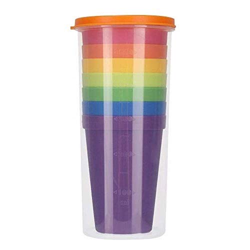 LSTK Juego de Vasos, Sin BPA, Reutilizables y encajables; 7 Vasos de plástico de Colores (200 ml) y 1 Botella de Agua (500 ml)