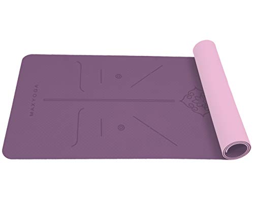 MAXYOGA® MaxDirect Esterilla Yoga con Sistema de Alineación del Cuerpo. Colchoneta Yoga Mat Antideslizante y Ligera de Material Ecológico TPE. Tamaño Ideal 183cm x 61cm x 6mm. - Morado