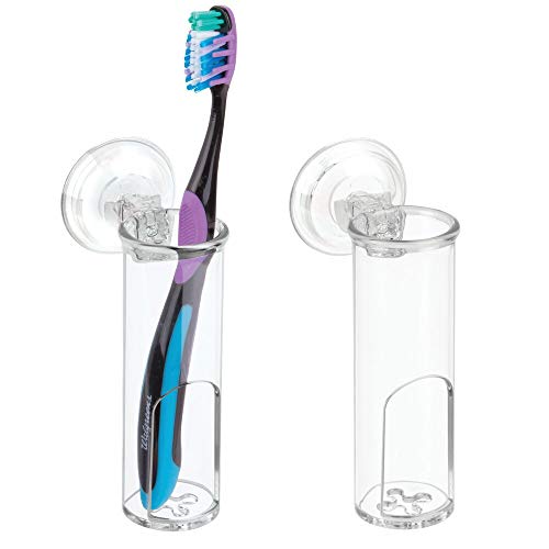 mDesign Juego de 2 portacepillos de Dientes con Ventosa – Apliques de baño en plástico para cepillos dentales y maquinillas de Afeitar – Soporte para Cepillo eléctrico o Manual – Transparente
