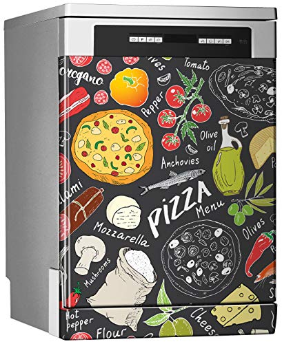 MEGADECOR Vinilo Decorativo para Lavavajillas, Medidas Estandar 67 cm x 76 cm, Pizza Doodles sobre Fondo Gris Oscuro