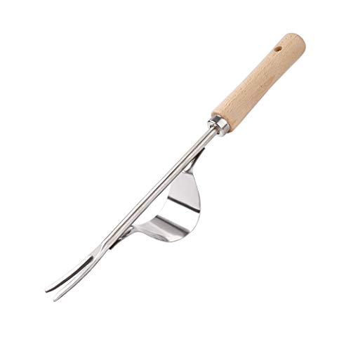 MengH-SHOP Weeder de Mano de Jardín Azadillas para Jardinería de Acero Inoxidable Herramientas de Desmalezado Extractor de Malas Hierbas con Mango de Madera Natural y Horquilla de Metal 32cm 1 Pieza