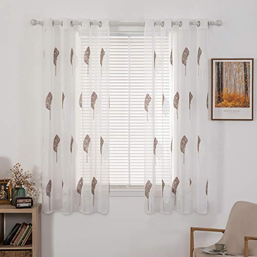 MIULEE 2 Unidades Cortinas Bordado Translucida de Dormitorio Moderno Ventana Visillos Rayas Salon Paneles con Ojales Plateados para Sala Cuarto Comedor Salon Cocina Habitación 140x175 cm Café