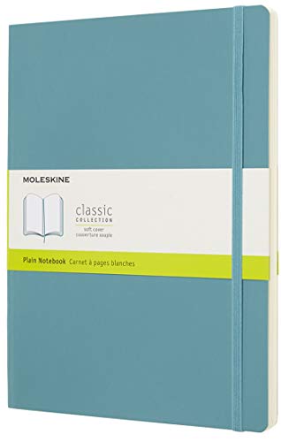 Moleskine - Cuaderno Clásico con Páginas Lisas, Tapa Blanda y Goma Elástica, Azul (Reef Blue), Tamaño Extra Grande, 192 Páginas