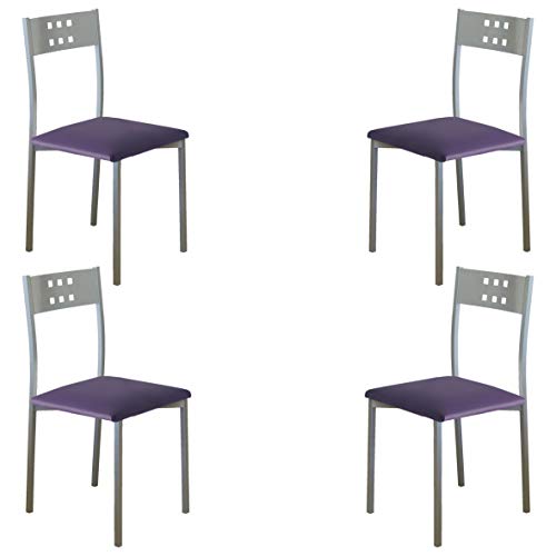 MOMMA HOME Set 4 Sillas - Modelo Xara - Color Plata/Morado - Material Metal/Ecopiel - Medidas 41 x 47 x 86 cm