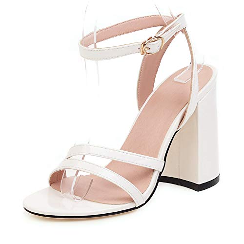 Mujer Tacones Altos Zapatos de Tacón Boda Fiesta Moda Sandalias Ancho Tacón Alto High Heels Pumps,Blanco,48