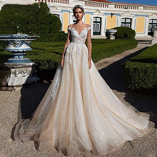 mylyfu Simplicidad Elegante Vestido de Novia Cuello de Pico Sexy Manga de Encaje Tul Tulipas Sencillas Y Elegantes Vestidos de Novia Vestidos de Novia de Lujo Princess Palace Dream Vestidos de Novia