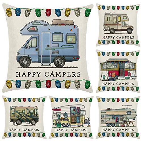 N/A Hodeacc 6 Piezas Happy Campers Van Throw Fundas de cojín Fundas de cojín, 18 x 18 Pulgadas Fundas de Almohada de Autocaravana Regalo de Viaje Decoración para el hogar, Solo Caso