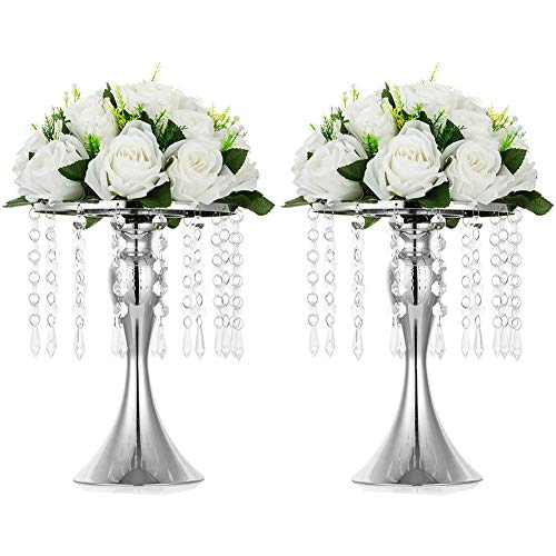 Nuptio Jarrón de Flores Boda de Metal Mesa 2 Piezas, Jarrones de 26cm de Altura para Centros Mesa, Soporte de Flores Cristal Plateado para Aniversario Ceremonia Fiesta Cumpleaños Decoración Hogar