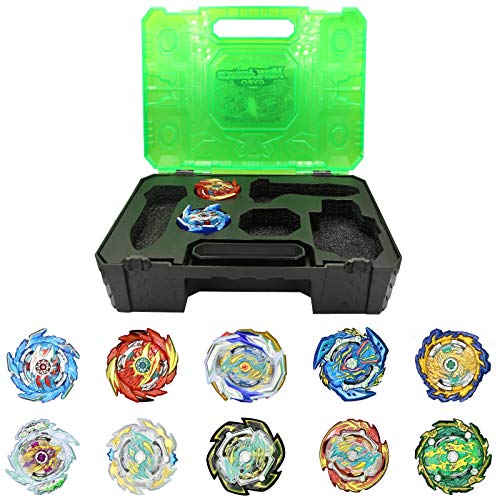 OBEST Peonzas Juguetes Conjunto, 10 PCS Gyro Spinner Tops Estuche Set con 2 Burst Turbo Lanzadors, con Caja Portátil, Regalo Mejor para los Niños (Verde)