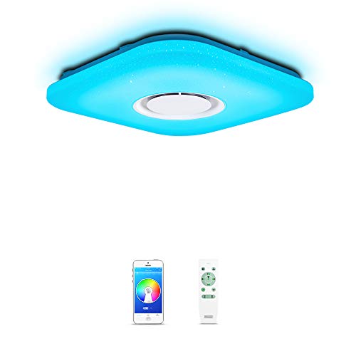 OFFDARKS - 15in / 36w Plafóns LED Lámparas de Techo con Altavoz Bluetooth, APP Mando a Distanci + brillo ajustable + color change (36W 380x380MM Plaza)