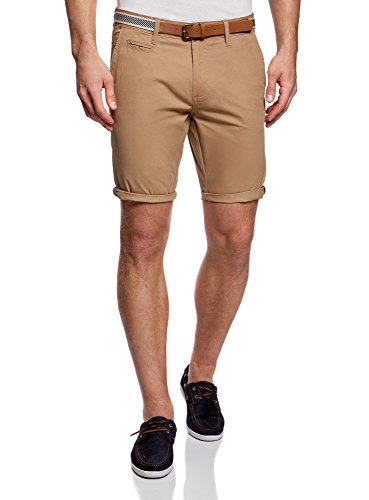 oodji Ultra Hombre Pantalón Corto de Algodón con Cinturón, Beige, 48