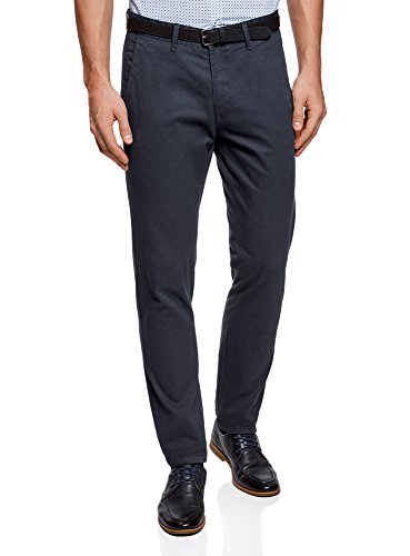 oodji Ultra Hombre Pantalones Chinos con Pespuntes en los Bolsillos, Azul, 40