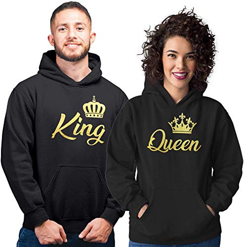 Pack de 2 Sudaderas Negras para Parejas King y Queen Corona Dorado (Mujer Tamaño S + Hombre Tamaño M)