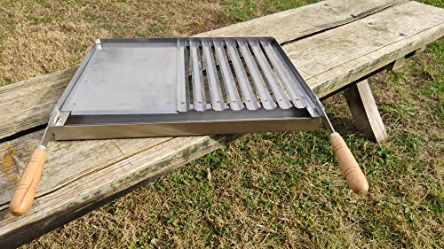 Parrilla Plancha de Acero Inoxidable para Barbacoa y Chimenea | Asador INOX con Mangos Plegable y Recoge-Grasas | Ideal para el Jardín de tu casa y Asar con Carbón, Leña y Briquetas | Medidas 78x43cm