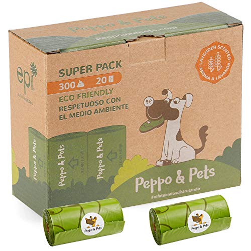 Peppo and Pets- 300 Bolsas biodegradables para excrementos de Perro - 20 Rollos- Muy Resistentes - Olor a Lavanda- Opacas- A Prueba de Fugas