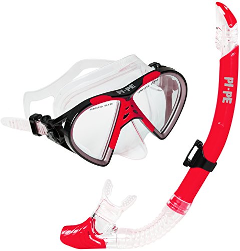 PI-PE Juego de esnórquel profesional con gafas de buceo y tubo seco para adultos, máscara de buceo negra con snorkel para hombre y mujer, cristal antivaho, juego de buceo
