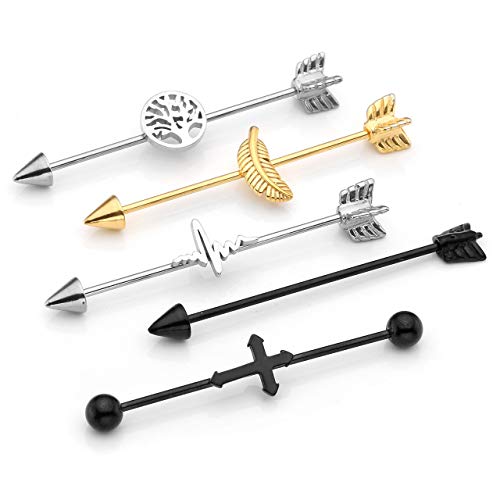 PiercingJak 5 piezas 1,2 mm acero inoxidable Flecha Cruz Pluma Industrial Barbell Piercing Industrial Pesas Oído Knorpel Pendientes Unisex Punk Longitud 37 mm (Set 02)