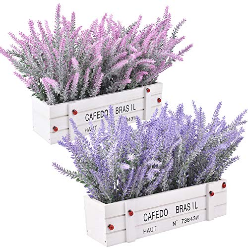 Planta de Flores Artificiales, Lavanda flocada Artificial en Maceta, Flor de Lavanda Falsa en jarrón de Madera para decoración del hogar, Fiesta, Boda, Oficina, decoración, 2 Juegos