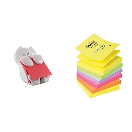 Post-It CAT-330 - Dispensador de notas, diseño Gato, color blanco (7,6 x 7,6 cm) + R-330-Nr - Notas Adhesivas, 6 Unidades, Multicolor (Arcoiris de Neón)