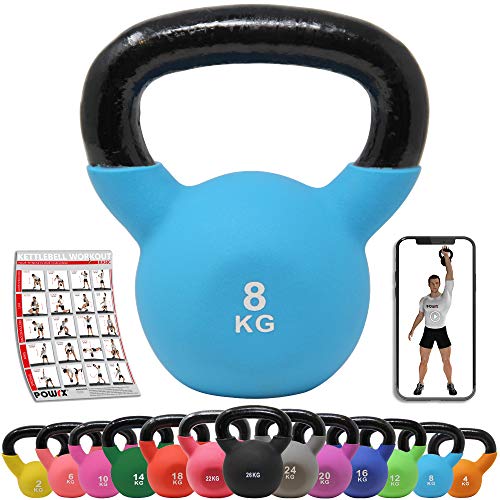 POWRX Kettlebell Hierro Fundido 8 kg - Pesa Rusa con Revestimiento de Neopreno + PDF Workout (Azul Oscuro)