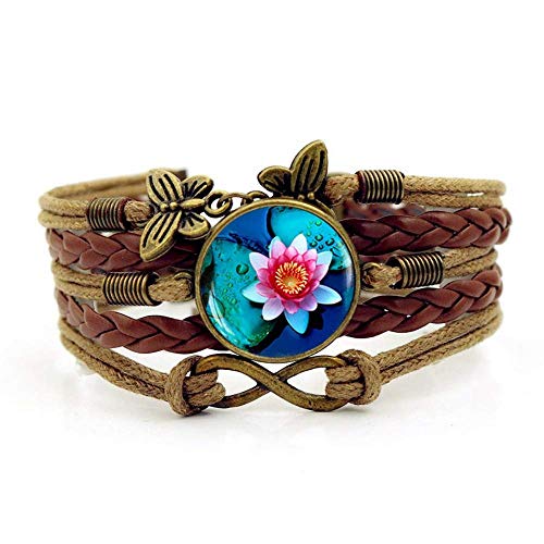 Pulsera tejida, Cuerda marrón Rosa Hermosa planta de loto, Tiempo Pulsera de piedras preciosas Multicapa Vidrio tejido a mano Combinación de joyas Moda para damas Joyas de estilo europeo y americ