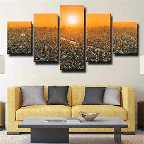 QMCVCDD Impresiones sobre Lienzo 5 Piezas,Modular Decoración De Pared Póster,5 Piezas Cuadro Regalo Creativo Paisaje De La Ciudad De Tokio Amanecer Decor Moderna Habitación Hogar