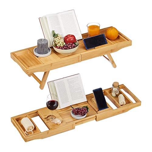 Relaxdays Bandeja Cama y Bañera Extensible 2 en 1 con Soporte para Libros y Copas de Vino, Bambú, Marrón, 74.5-114 cm