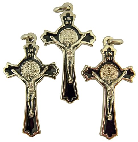 Religious Gifts Tono de Plata y Esmalte Negro (San Benito Crucifijo, 2 1/4 Inch, Lot de 3