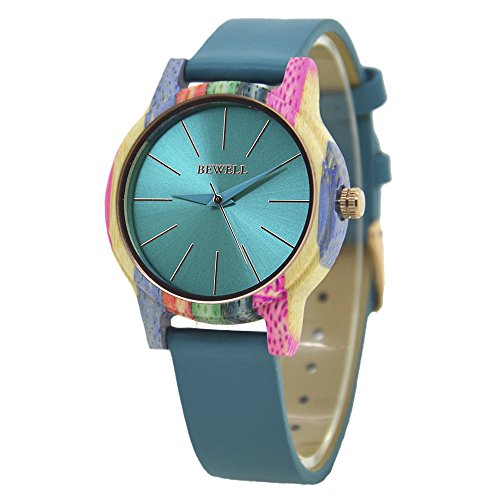Reloj de madera de las mujeres, el movimiento de cuarzo colorido de madera hecha a mano relojes pulsera desmontable reloj de pulsera (Azul)