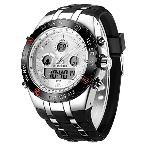 Relojes Gruesos para Hombres, cronómetro Deportivo Resistente al Agua, Gran Rostro, Alarma de Fecha, Digital Ligero, Reloj de Pulsera analógico Militar de Acero Inoxidable con Banda de Goma