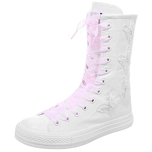 rismart Mujer Botas Lona Media Pierna Animadora Cordones High Top Sneakers Zapatos de Deporte(Blanco(Mariposa),40 EU)