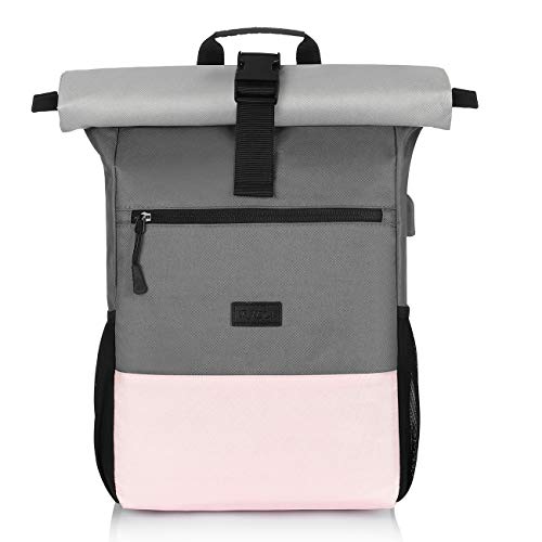 RJEU Mochila Portatil de las Mujer 15.6-17.3 Pulgadas, Bolsa de PC de Moda con Puerto de Carga USB para Casual, Escuela, Viaje, Trabajo (Rosado-26L)