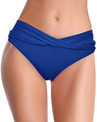 SHEKINI Mujer Bañador Sexy Bañador de Media Altura Cintura Plisada Pantalones de Playa (L, Azul Real)