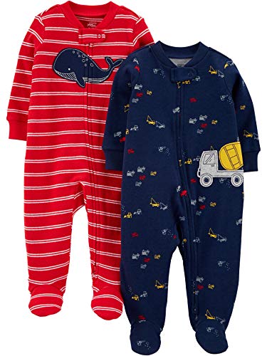 Simple Joys by Carter's 2-Pack Cotton Footed Sleep and Play Infant Toddler-Sleepers, Ballena roja/construcción, 6-9 Meses, Pack de 2