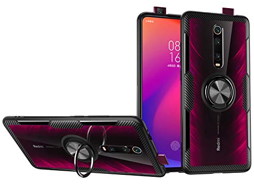 SORAKA Funda Transparente para Xiaomi Mi 9T/Mi 9T Pro con Anillo Giratorio de 360 Grados Cubierta Transparente de PC Dura+Parachoques de Silicona,con Placa de Metal para Soporte Móvil Coche Magnético