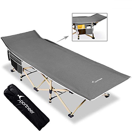 Sportneer Cama de Camping, Carga máxima 206 Kilos, 2 Grandes Bolsillos en los Laterales. Cama Plegable portátil con Bolsa de para Acampada, Playa, Senderismo, Viajes de mochilero, Oficina, Gris