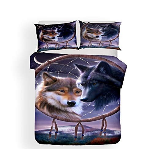 Stillshine Ropa de Cama Bohemio Funda de edredón + Funda de Almohada Vistoso India Capturar sueños Juego de Funda nórdica 180 x 220 cm - Cama 90 cm/105 cm 3D Animal Lobo Pájaro Cazador de sueños