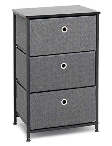 Suhu Cómoda Cajonera con 3 cajón Almacenaje Armario Tela Mesitas de Noche Mesa Auxiliar Cama Comodas Cajones Estrecho Gabinete Pequeño para Baño Trastero Salon Dormitorio Madera+Metal Negro+Gris