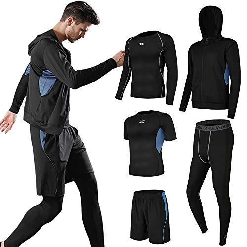 Superora 5 Piezas Conjunto de Ropa Deportiva Hombre Camisetas Pantalon Corto Deporte Ropa Secado Rápido Traje Deportivo Elástico Cremallera Suave Correr (Azul, XL（Asia XXXL en Etiqueta）)