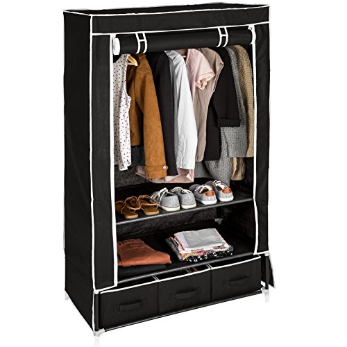 TecTake Armario de Tela Ropa ropero Organizador guardarropa Plegable con 3 Compartimentos | 87 x 159 x 49cm (Negro | No. 402534)