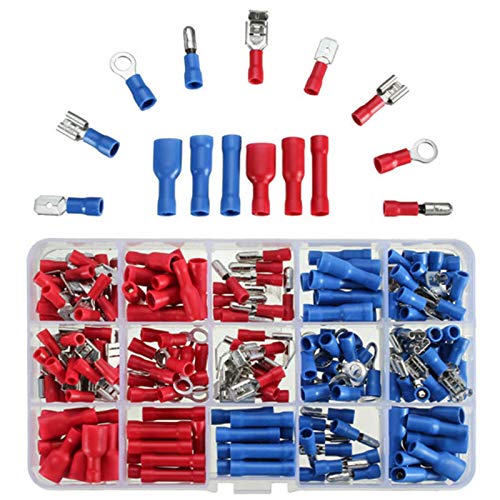 Terminales de cables eléctricos, 200pcs / lot Terminales de cable aislante eléctrico mezclados clasificados Lug kit eléctrico Crimp conectores de horquilla con la caja de la caja del kit Terminales de