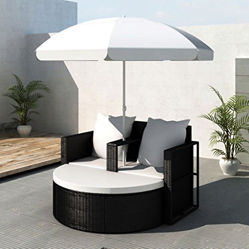 Tidyard Conjunto Muebles de Jardín con Parasol,Sofa Exterior,Conjunto de Diván para Jardín Balcón Patio Piscina Terraza,Taburete Desmontable,Funda de Cojín Extraíble,Poli Ratán Negro