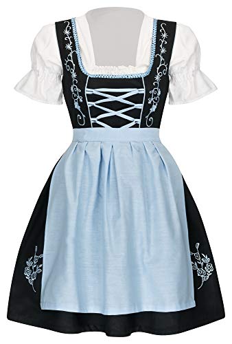 TR Martha Dirndl 3 TLG - Vestido tradicional tirolés, blusa, delantal, talla 34-46, color negro, azul, negro, rosa, negro y rojo azul 44