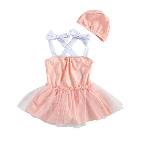 Traje de baño de una Pieza para niñas de 1 a 6 años, 2 Piezas, Sombrero de Mameluco, Top sin Mangas, Correas de Pareo con Lazo, Moda Linda, Verano Rosa (Rosa, M)