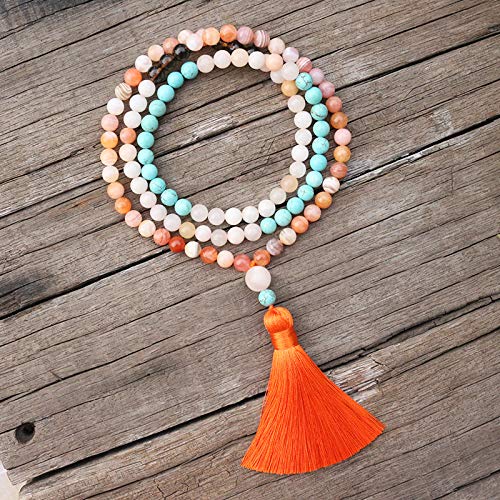 TUDUDU 8Mm Cuentas De Piedra Natural Naranja Golfo Pérsico Ónix Azul Japamala Joyería Espiritual Meditación Inspiradora 108 Collar De Cuentas De Mala Total Largo 93Cm