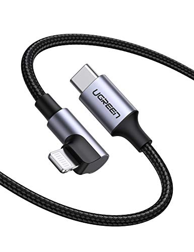 UGREEN Cable USB C a Lightning 90 Grados Cable Codo Nylon Trenzado (Apple MFi Certificado) para iPhone 12, iPhone SE 2020 iPhone 11 X XS XR 8, iPad Pro 10.5, iPad Pro 12.9, iPad Air, AirPods Pro (1M)